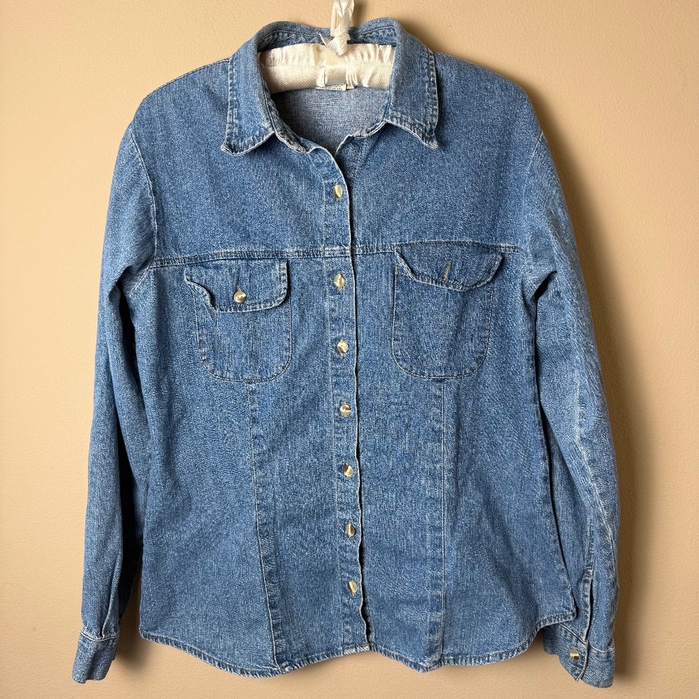 Vintage Maurices Denim Shirt Womens Large Jeans Button Down Top Blue Long Sleeve